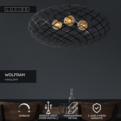 Lucide WOLFRAM - Hanglamp - Ø 100 cm - 3xE27 - Zwart